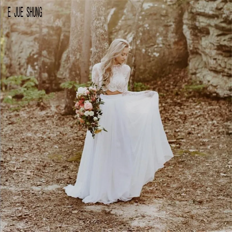 

E JUE SHUNG New Modern Two Pieces Wedding Dresses Jewel Neck Long Sleeves Lace Chiffon Skirt Boho Wedding Gowns robe de mariee