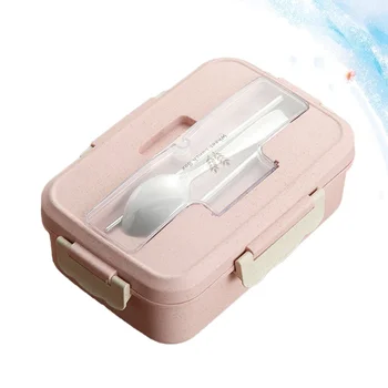 

1100ml Wheat Straw Food Container Portable Lunch Box Thermal Microwave Oven Partition Food Box with Cutlery (Pink)
