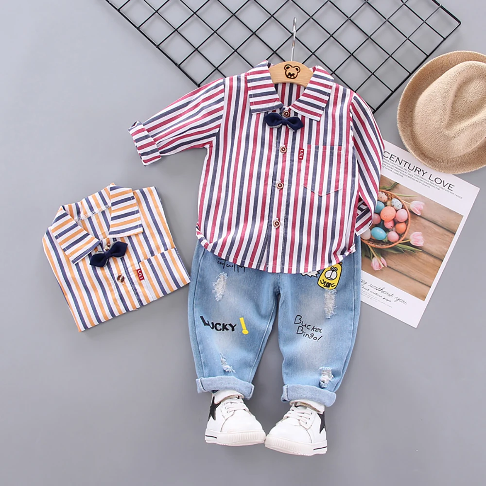 

Baby Boys Clothes SetsToddler Kids Clothing Autumn Fashion Long Sleeve Bow Striped Shirt Long Sleeve + Cartoon Denim Pants 2pcs