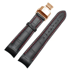 Genuine Leather Bracelet Curved End Watch Strap - Premium Adjustable Band - 21mm (Red rose butterfly)