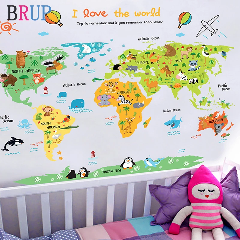 On Sale 11 Kinds Large World Map Wall Stickers Cartoon Map Home Decor for Kids Room Vinyl DIY 33021099492