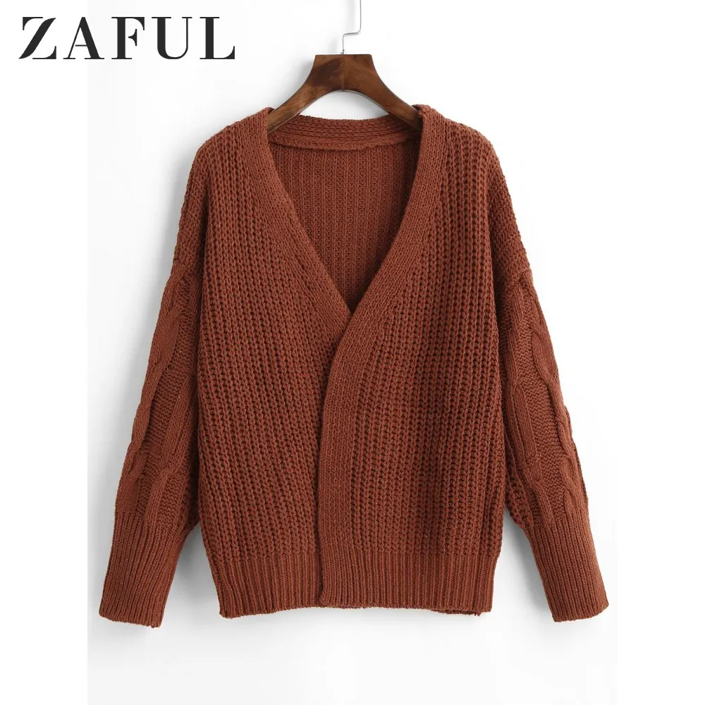 ZAFUL осенний вязаный массивный кардиган с открытой передней частью для женщин, однотонные топы на каждый день, Свитера без воротника, кардиганы
