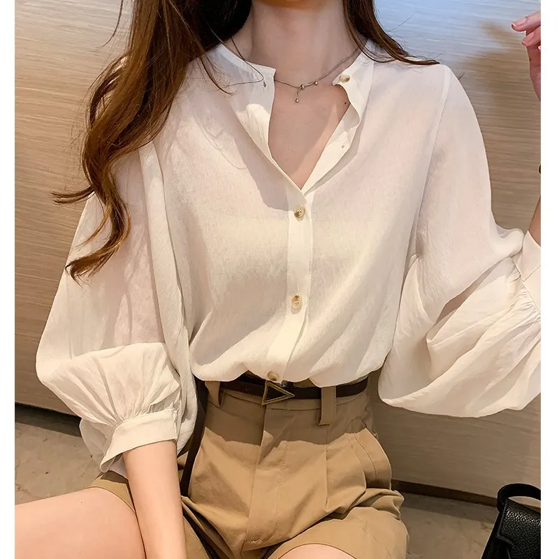 

White Shirt Women Autumn 2020 Plus Size Feminine Button Cardigan Blouse Tops Long Sleeve V-Neck Office Lady Loose Casual Clothes