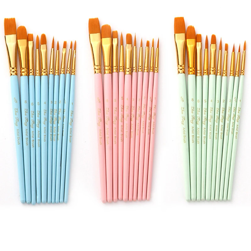 Juego de pinceles con mango de madera, set profesional de 10 pinceles con pelo de nailon para pintar con acuarela y pintura acrílica