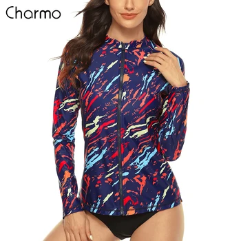 

Charmo Women Long Sleeve Zipper Rashguard Swimsuit Swimwear Camouflage Surfing Top Rash Guard UPF50+ Running Shirt Biking Shirt