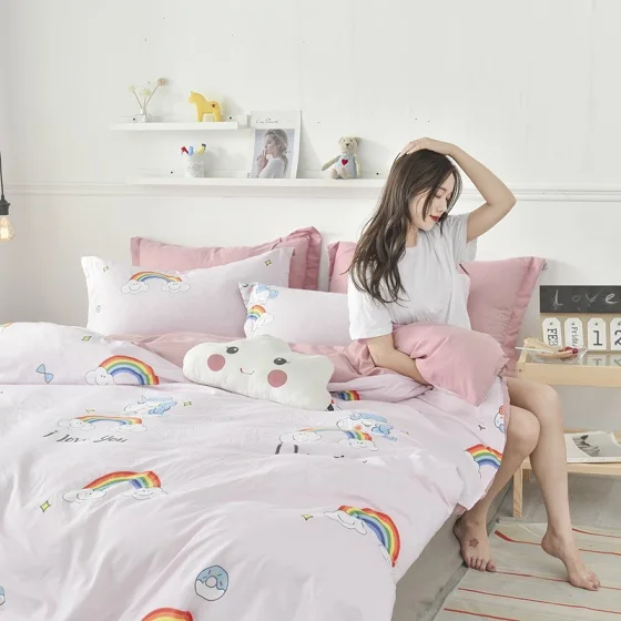 1 Little Fresh Style Washed Cotton 4pcs Duvet Cover Bed Sheet Pillowcase Rainbow Horse Butterfly Flowers Leaves Full Queen King - Цвет: 1