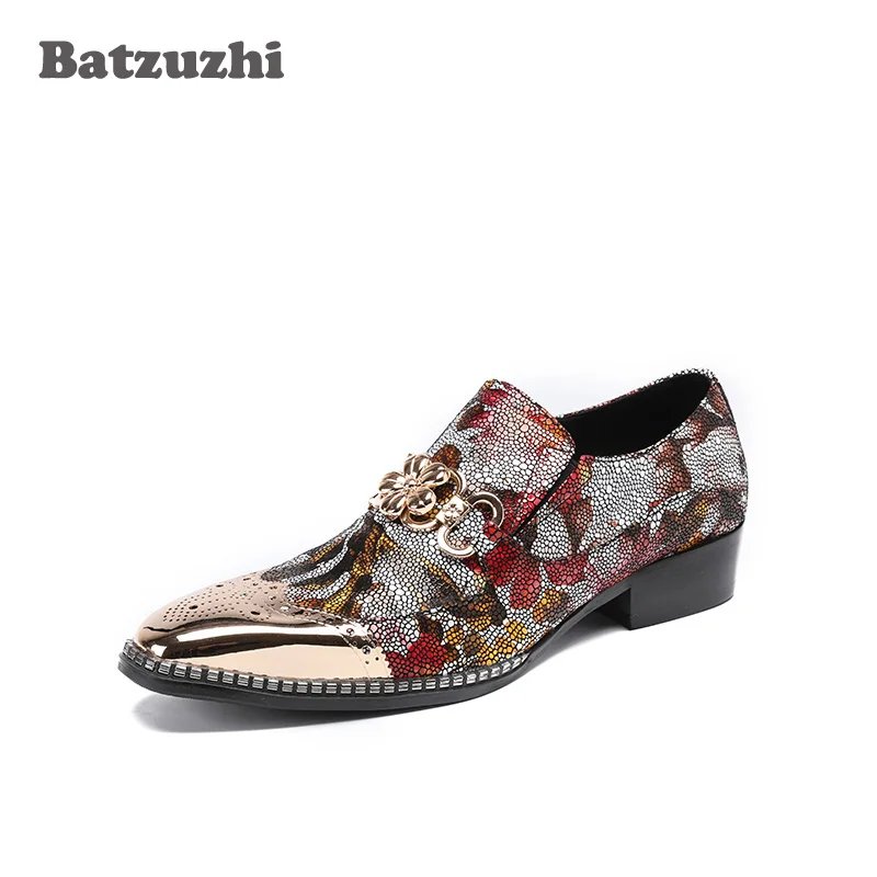 

Batzuzhi Brand Itlian Style Men Shoes Rhinestones Men Dress Shoes Gold Metal Toe Leather Shoes Man Designer Party Shoes Wedding