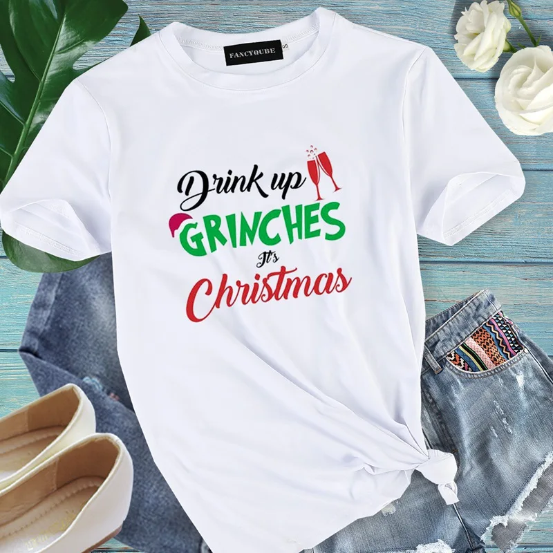 Футболка с надписью DRINK UP GRINCHES, Женская рождественская футболка с коротким рукавом и круглым вырезом, Женская Повседневная Уличная одежда, пуловер Harajuku, топы
