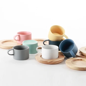 

Nordic Brief Style Frost Coffee Cup Pure Natural Oak Wood Saucer Set Macaroon Colored Ceramic Glaze Cafe Tea Espresso Mug Tazas