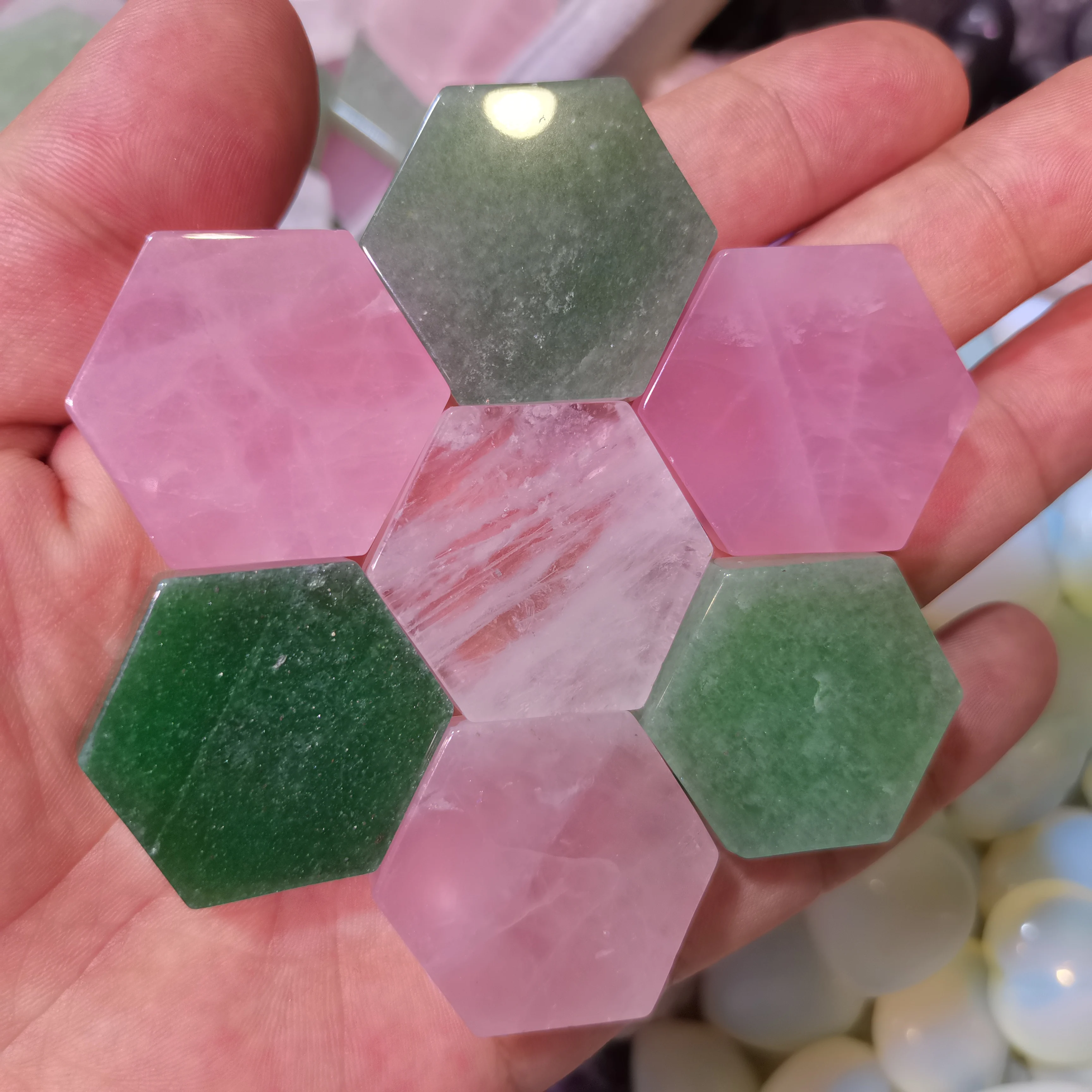 

Natural hexagonal rose powder crystal heat shield reiki healing chakra gem properties