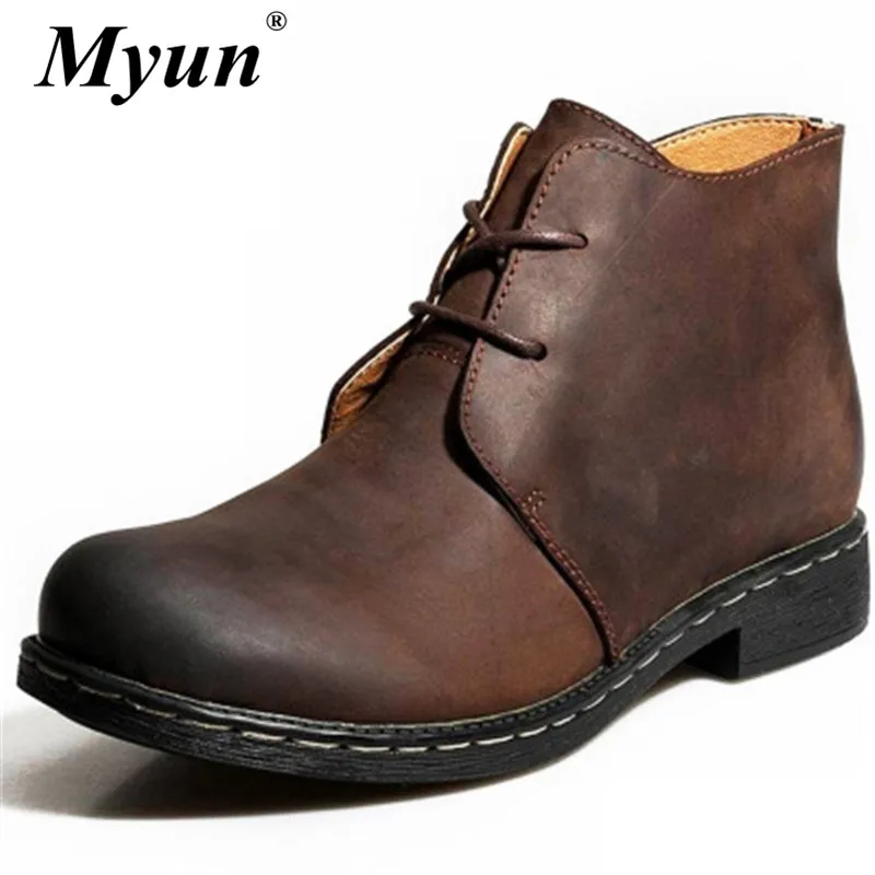 Retro Genuine Leather Men's Boots Autumn Winter Plush Warm Ankle Male High Quality Comfortable Lace-Up Cowboy Booties |