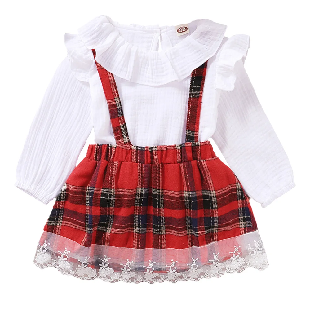 

Kids Girls White Blouse Shirt RufflesTops + Plaids Pleated Skirt Set Uniform Outfit spring autumn baby girl christmas outfit D30