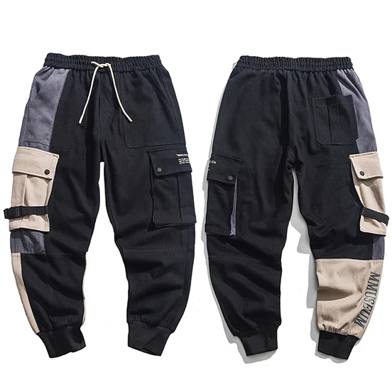 Мужские брюки-карго в стиле хип-хоп, уличная одежда, цветной блок, пэчворк, брюки в стиле Харадзюку, для бега, боковой карман, лента, спортивные брюки, хипстерские брюки - Цвет: A39A1M12 Black