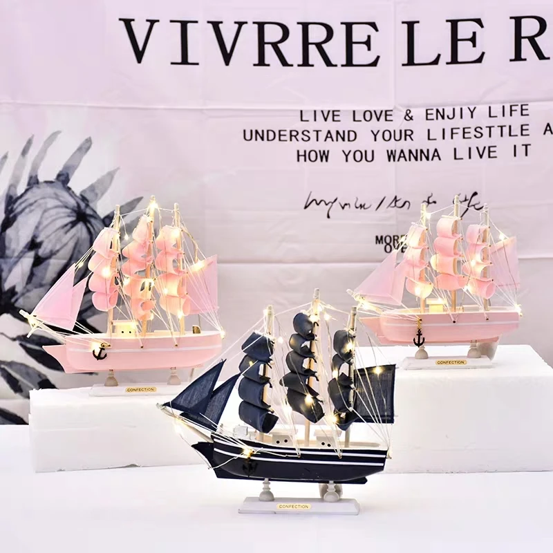 Vehicle Toy Pink Simulate Wooden Sailboat Arts and Crafts Living Room Decoration Table Furnishings Birthday Gift for Girl friend |