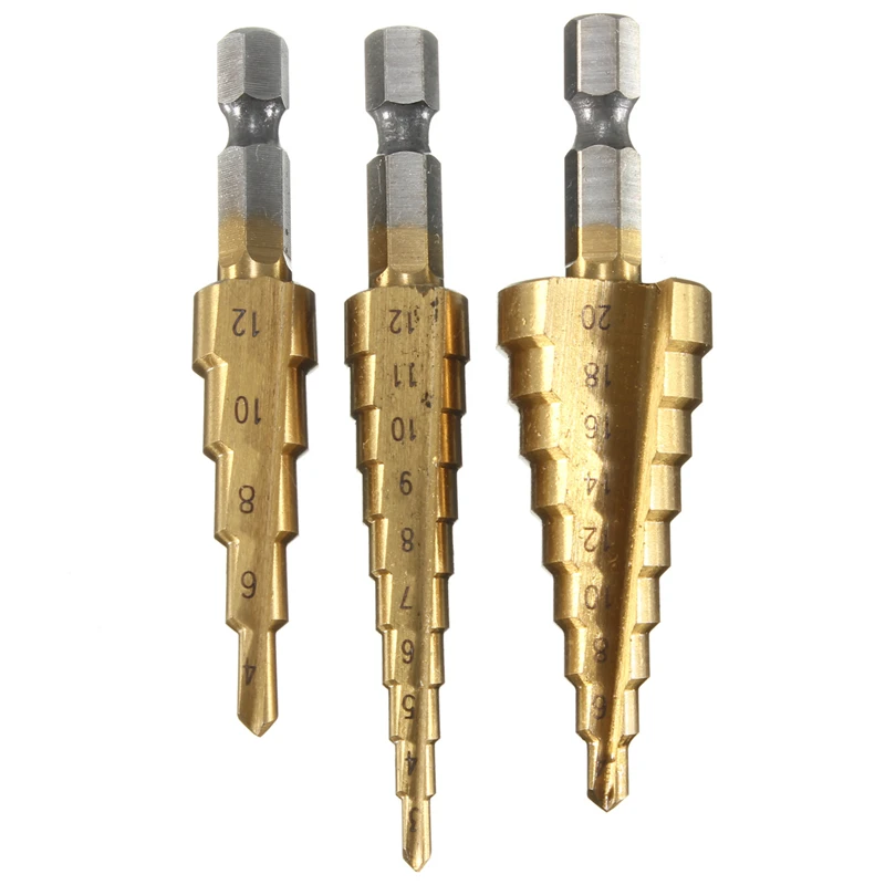 

XNEMON 3pcs HSS Titanium Coated Step Drill Bit Metal 3-12mm 4-12mm 4-20mm Cone Cut High Speed Steel Wood Drilling Power Tools