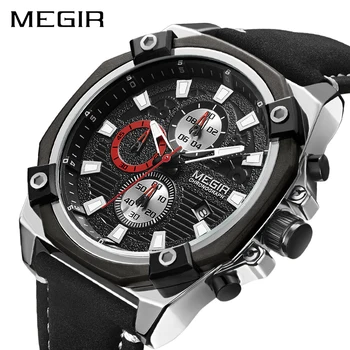 

MEGIR Mens Black Leather Watches Men Chronograph Geneva Function Quartz Wristwatches Classic big Dial Clock Relogio Masculino
