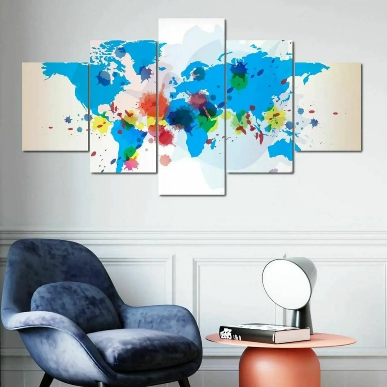 

Water Color Abstract World Map 5 Panel Canvas Picture Print Wall Art Canvas Painting Wall Decor for Living Room Poster No Framed