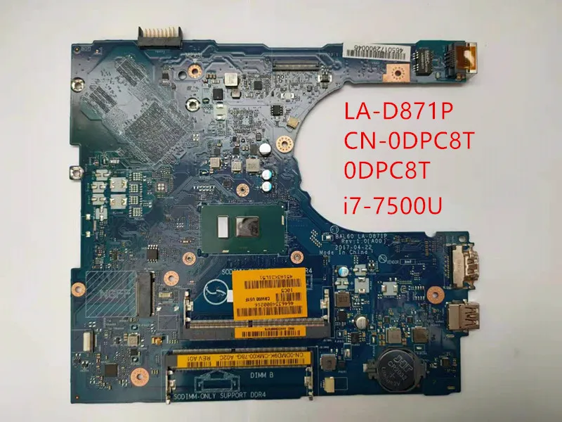 Для DELL Inspiron 5566 Материнская плата ноутбука i7-7500U процессор CN-0J0F4J 0J0F4J BAL60 LA-D871P