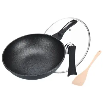 

1 Set 30cm 3rd-gen Maifan Stone Non-stick Frying Wok Aluminum Wok Pan Cooking Fired Dish Wok No Fume with Lid and Wooden Spatula