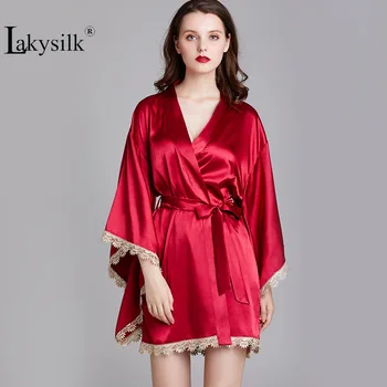 

Red Color Silk Sleep Robes V-neck Wide Sleeve Sleepwear Women Spring and Summer Nightgown Solid Half Sleeve High-end Sleep Robed