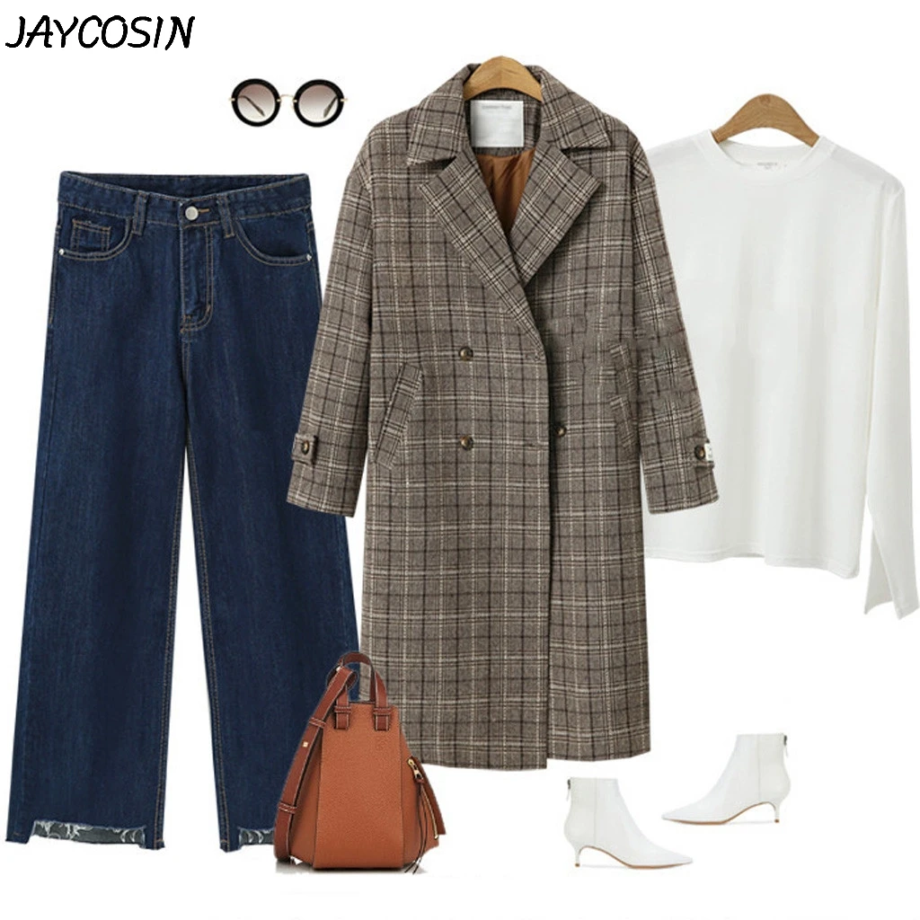 JAYCOSIN, Женское шерстяное пальто, клетчатое, двубортное, на пуговицах, с длинным рукавом, зимнее, для работы, офиса, элегантное, модное пальто, верхняя одежда
