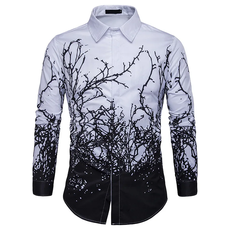 

Spring New Style Men Cool Branch Printed Long Sleeve Large Size Shirt-Style Versitile Coat