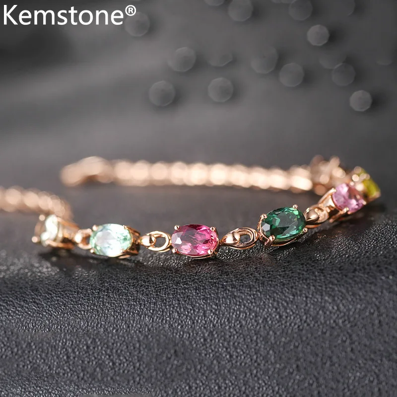 Kemstone Multicolor Oval Zircon Rose Gold Color Copper Charm Link Chain Bracelet Jewelry Gift for Women | Украшения и аксессуары