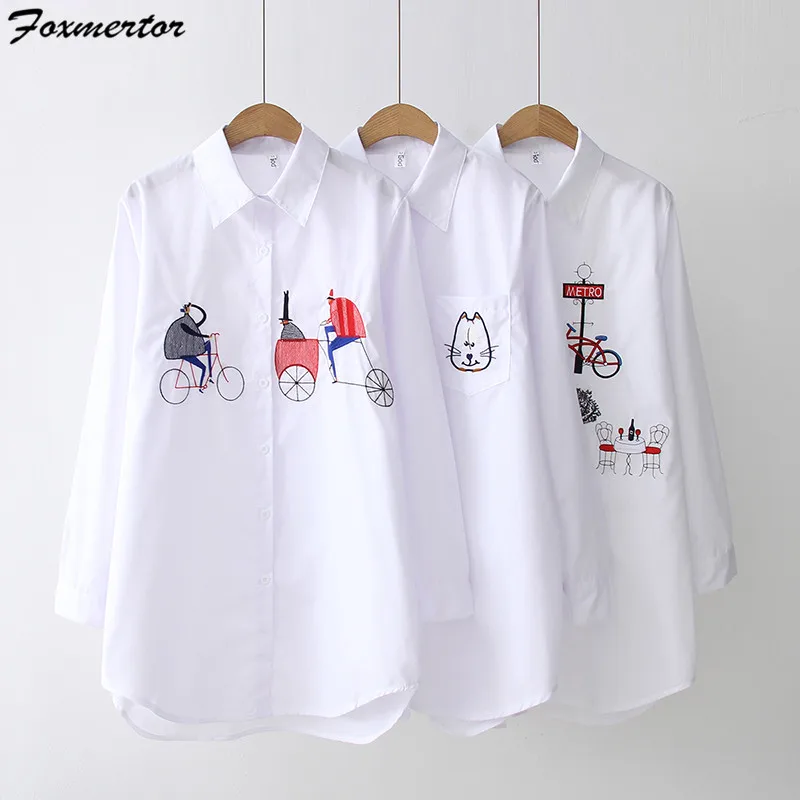 Cute Cartoon Embroidered White Shirt Autumn Women Blouse Embroidered Women Blouses Tops Loose Long Sleeve Shirt Blusas