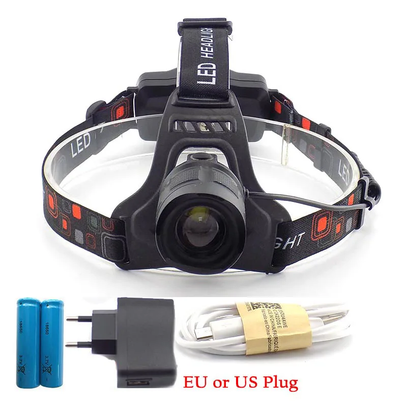 USB Rechargeable L2 LED Headlamp Frontale Head Torch Lamp Flashlight Lampe Headlight For Fishing Zoomable Charging Cable Port