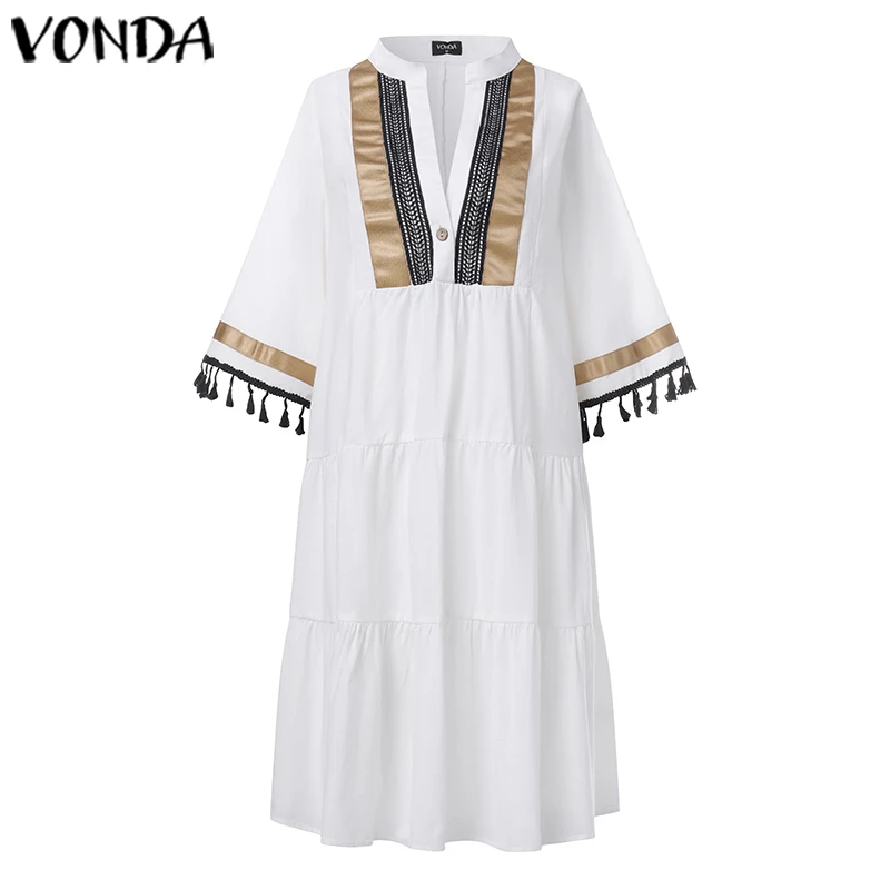 Летнее платье VONDA, женское винтажное платье с принтом, рукав до локтя, v-образный вырез, Платья для вечеринок, свободные мини-платья, богемные платья для женщин
