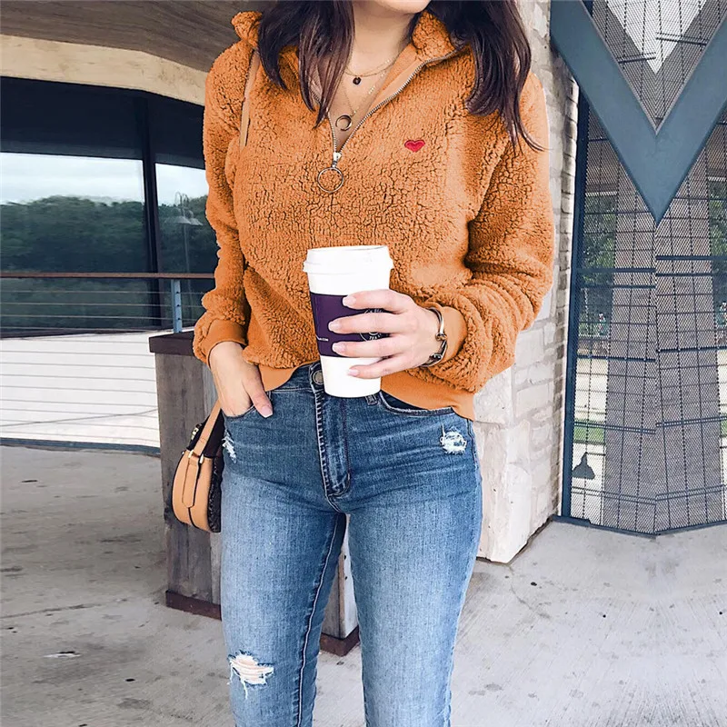 

Women Plush Sweatshirt Long Sleeve Zipper Stand Collar Pullover Top Fashion Autumn Loose Heart Embroidery Sweatshirt Top New