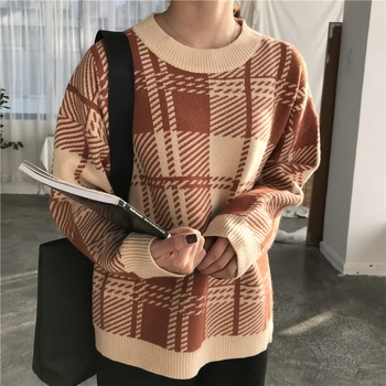 

Autumn winter new plaid color women's sweater long-sleeved loose thick pullover sweater women's casual round neck sweater female