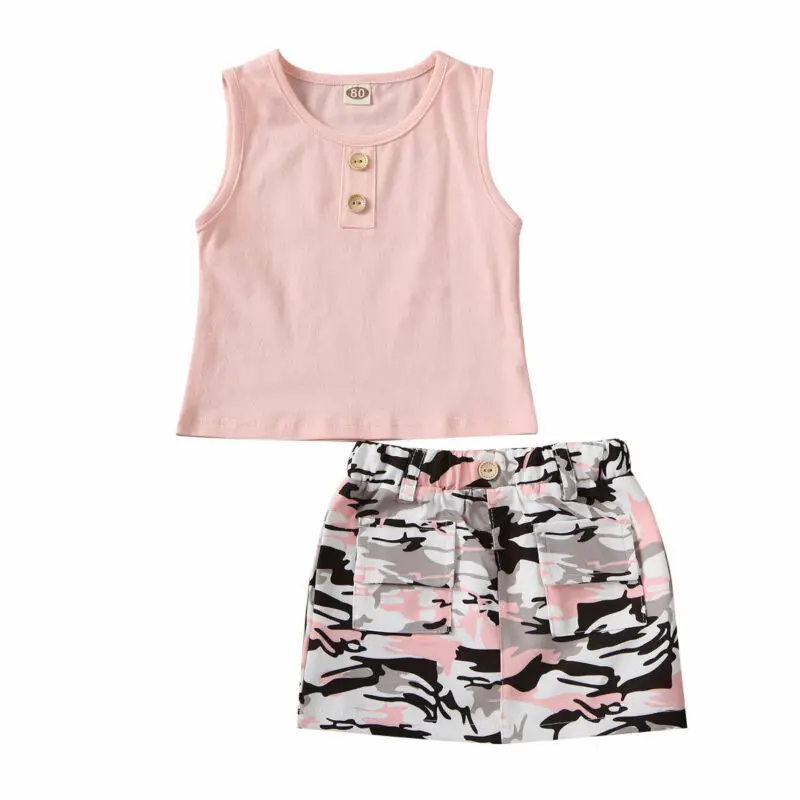 2pcs Toddler Kids Baby Girl Clothes Set Solid Sleeveless Tops Shirt Camo Sheath Mini Skirts Outfits | Детская одежда и обувь