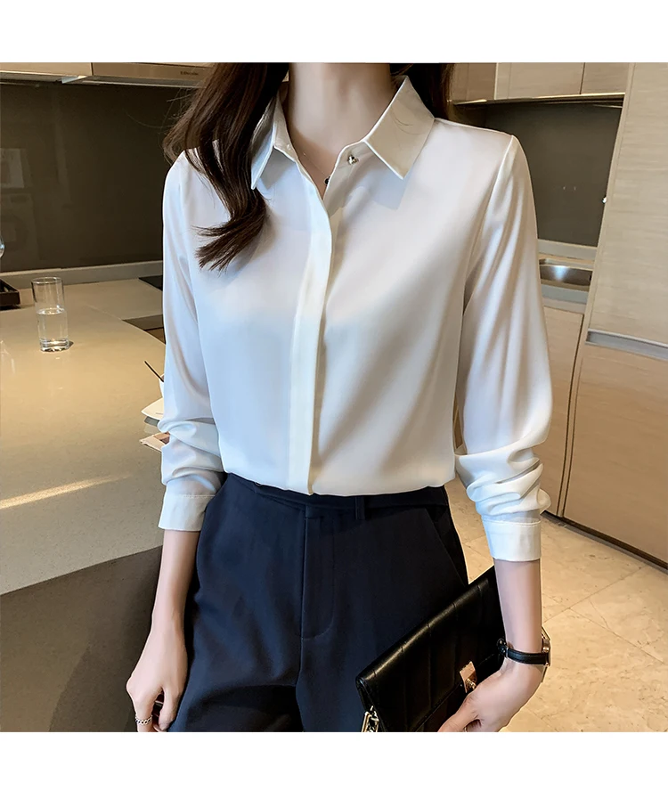 2022 Autumn Satin Women's Shirts Fashion Silk Button Solid OL Elegant Ladies Tops Long Sleeve Blouse Basic Women Shirts Blouses