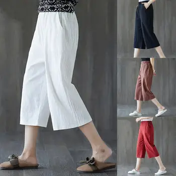 

SANWOOD Summer Women Elastic Loose Wide Leg Straight Solid Color Capri Pants Trousers