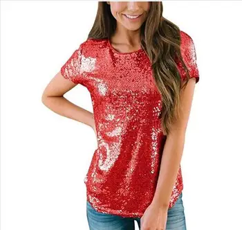 

Women's Fashion Women's Casual Solid Short Sleeve Patchwork T Shirts O-Neck Party Sequin Tunic Elegant Top Women's T-Shirt