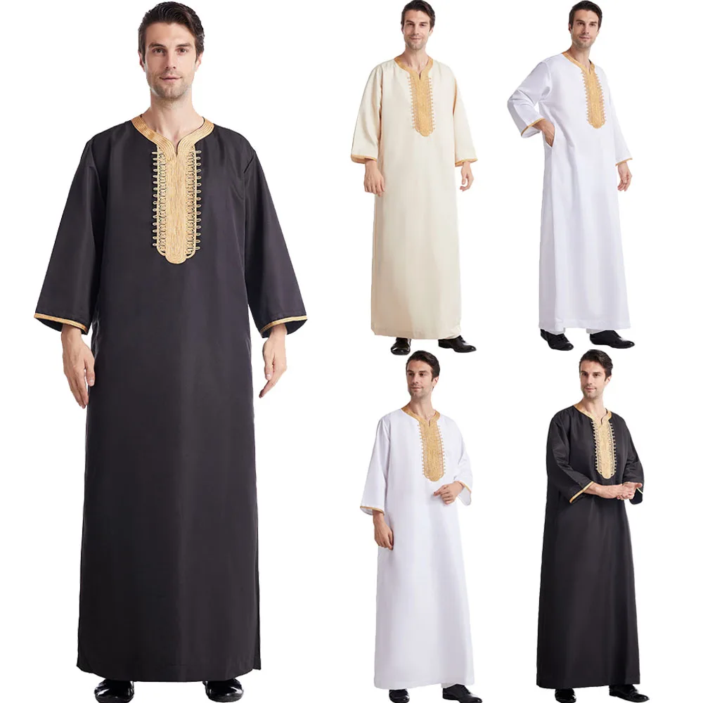 Men Traditional Muslim Jubba Thobes Arabic Islamic Clothing Fashion Embroidery Kaftan Saudi Arabia Dubai Abaya Long Dress Robes