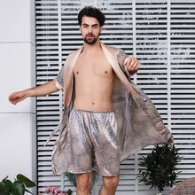 5XL Two-Piece Mens Robe Satin Silk Bathrobe For Man Soft Cozy Sexy Kimono Sleepwear Pajama Male  Bathrobe Home  Service Nightgow