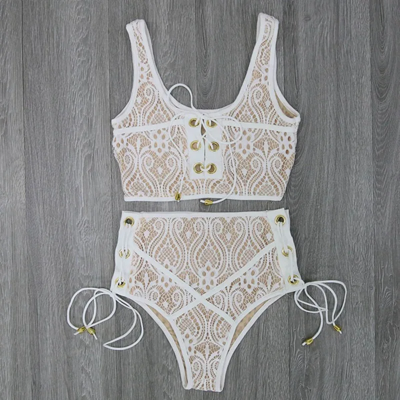 

Lace High Waist Swimsuit Bikini Set Sexy Solid Bikinis Women Push Up Swimwear Banting Suit Swim L White