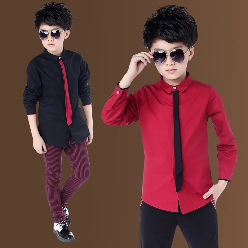 Красные рубашки для мальчиков; коллекция года; сезон весна; Классические однотонные белые топы; хлопковая рубашка с длинными рукавами для детей 4-14 лет; Осенняя детская одежда