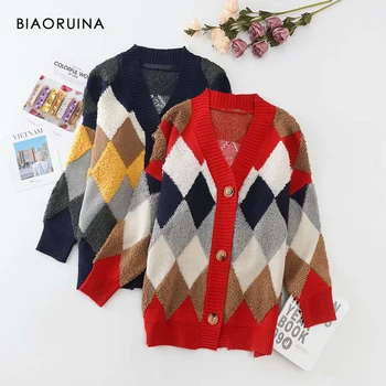 

BIAORUINA Women's Korean Style Argyle Patchwork Casual Knitted Cardigan Female Keep Warm V-neck Loose Sweater One Size