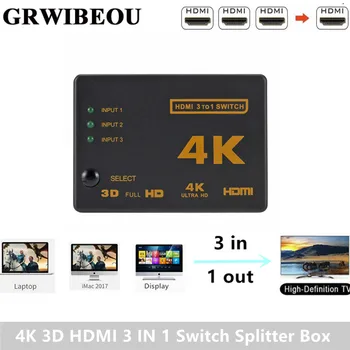 

Grwibeou Mini HDMI Switcher 4K HD1080P 3 Ports HDMI Switcher Selector Splitter With Hub IR Remote Controller For HDTV DVD TV BOX