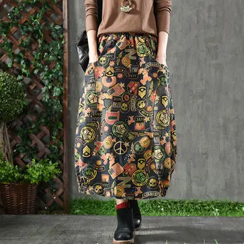 

Jean Skirts for Ladies Spring Women Skirt Plus Size High Waist Denim Vintage Print Maxi Skirt Femme 100% Cotton Loose Long Skirt