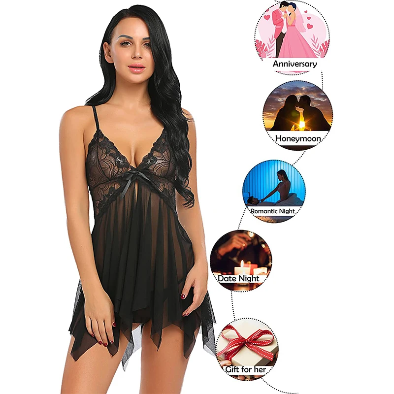 

Sexy Sleepwear Women's Nightgowns Dress Bodysuit Through Lace Lingerie Night Dress Women Underwear Party Nightie With G-String