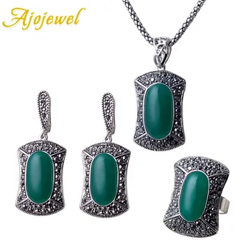 

Ajojewel Big Stone Resin Vintage Style Full Of Small Black Rhinestone Square Pendant Jewelry Set Bijoux For Women Ring Size 8,9