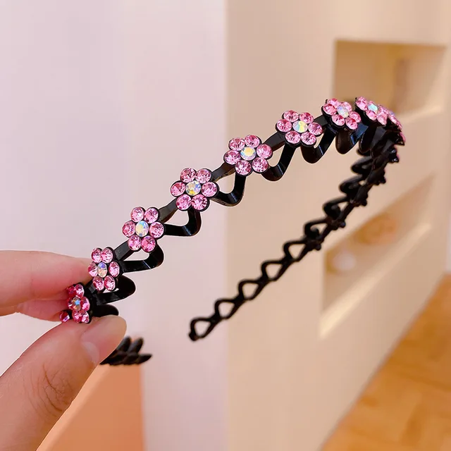 Fashion Pearl Non-Slip Rhinestone Hairbands Elastic Flower Women Hair Hoop Bands Headband Bezel Girls Hair Accessories Headdress A pink ab
