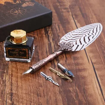 

Drop Ship&Wholesale Vintage Feather Quill Dip Pen Fountain Pens With Ink +3 Nibs Set Stationery Gift Nov.8