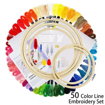 

50 Colors Cotton Skeins Embroidery Thread Cross Stitch Braiding Sewing Tool Set Bamboo Embroidery Hoops Sets Needle-threaders