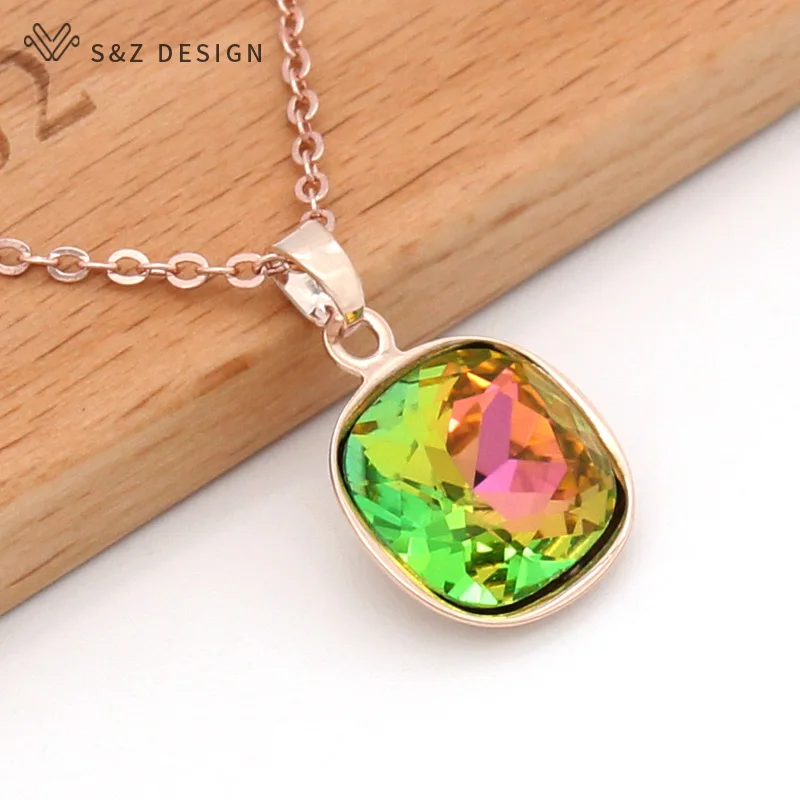 S&Z DESIGN New Fashion Trendy Square Crystal Pendant Necklace For Women Wedding Party 585 Rose Gold Color Jewelry Gift