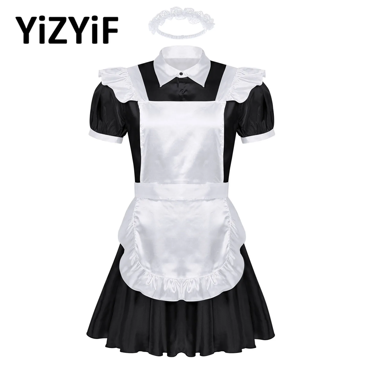3Pcs Mens Sissy French Maid Dress Set Adult Frilly Satin Uniform Crossdressing Cosplay Costume pic